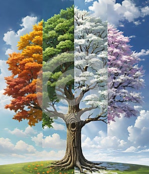 Conceptual image of four seasons.Four season tree.