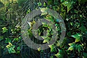 Conceptual image of green circuit board with lush leaves symbolizing eco-friendly technology