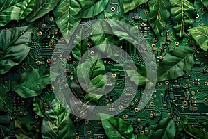 Conceptual image of green circuit board with lush leaves symbolizing eco-friendly technology