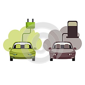 Conceptual image of a green energy and pollute cars. photo