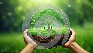 Conceptual image of green tree growing out of soil in hands