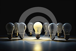 conceptual image of a group of unlit light bulbs which are placed around another light bulb that is on and is different and stands