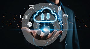 Cloud computing technology in the palm of a hand conceptualized data sharing and networking