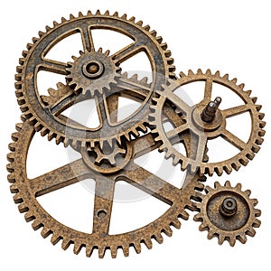 Interlocking cogs and gears vintage machinery concept isolated on white background photo