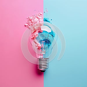 Conceptual image of a lightbulb with pink and blue powders exploding, representing creative burst.