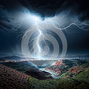 Conceptual image of lightning strikes over the mountains and river., generative ai