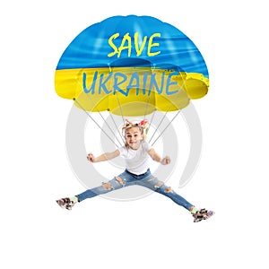 Conceptual image with little girl, chid flying on parachute with lettering isolated over white background