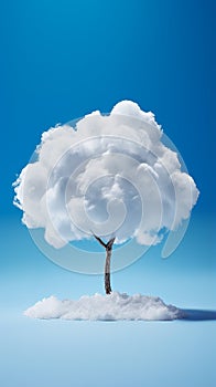 Conceptual image of a lonely tree with crone made of clouds against blue background