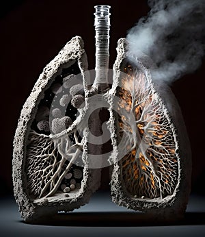 conceptual image of the lung built with ashes. World day against cigarettes and tobacco. Do not smoke. quit smoking, generative ai