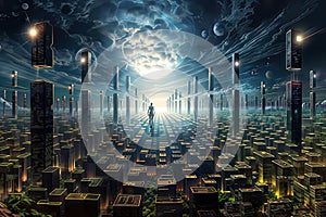 Conceptual image of a man standing in front of a futuristic city., generative ai