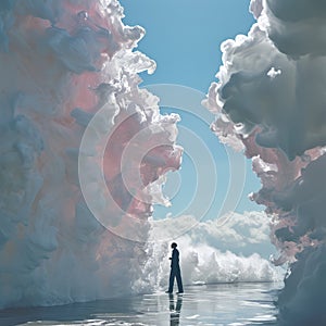 Conceptual image of a man standing in the middle of clouds.