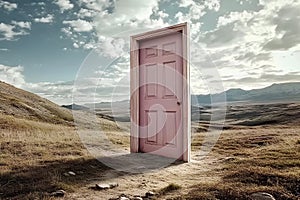 Conceptual image with open door in the middle of a field photo