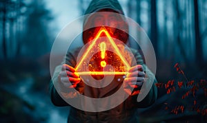 Conceptual image of a person holding a floating exclamation mark in a warning triangle, symbolizing caution, alertness, and