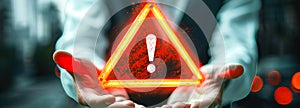 Conceptual image of a person holding a floating exclamation mark in a warning triangle, symbolizing caution, alertness, and