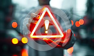 Conceptual image of a person holding a floating exclamation mark in a warning triangle, symbolizing caution, alertness, and