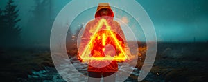 Conceptual image of a person holding a floating exclamation mark in a warning triangle, symbolizing caution, alertness, and