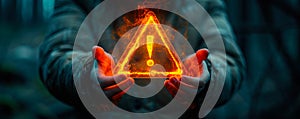 Conceptual image of a person holding a floating exclamation mark in a warning triangle, symbolizing caution, alertness, and