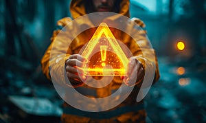 Conceptual image of a person holding a floating exclamation mark in a warning triangle, symbolizing caution, alertness, and