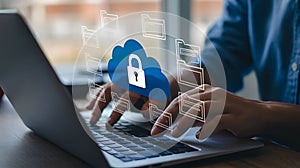 Secure Cloud Computing Data Protection on Laptop with Person Typing for Online Cybersecurity