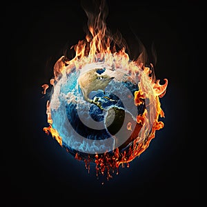 Conceptual image of planet earth burning and frozen due to climate change. Global warming, Climate change, Mass extinction concept
