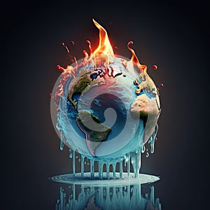 Conceptual image of planet earth burning and frozen due to climate change. Global warming, Climate change, Mass extinction concept