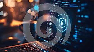 A conceptual image of privacy mode on a computer, showing a darkened screen with only minimal, secure data glowing softly in the