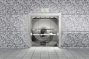 A conceptual image representing proffessional sucess with an office inside an elevator going up