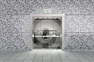 A conceptual image representing proffessional sucess with an office inside an elevator going up photo