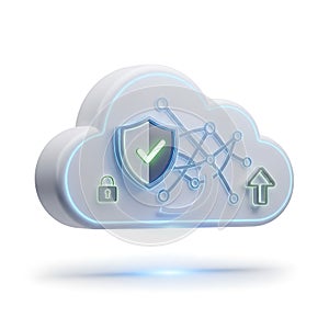 Cloud security shield icon with upload arrow and checkmark isolated on white background