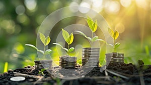 Conceptual Image of Saplings Growing from Stacked Coins