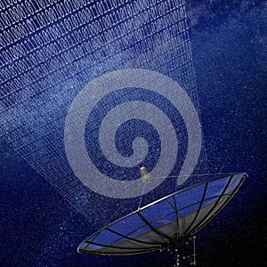 Conceptual image of a satellite dish antenna over night sky with