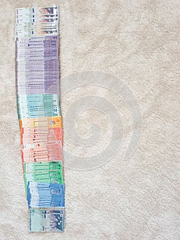 Conceptual image of saving and growing money - View of the colorful Ringgit Malaysia in different denominations lined up