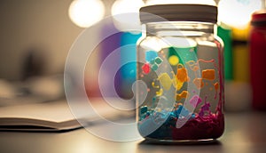 Conceptual image of a science experiment in a laboratory with colorful crystals