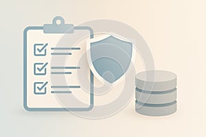 A conceptual image showing a checklist, shield, and database icons, representing data compliance, protection, and system auditing