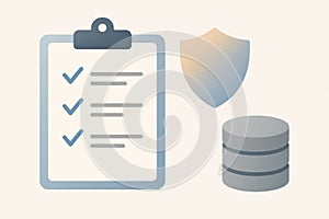 A conceptual image showing a checklist, shield, and database icons, representing data compliance, protection, and system auditing