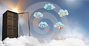 Conceptual image showing servers and cloud computing against sky