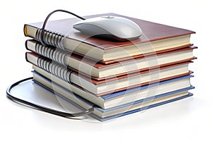 Stack of Ring Binding Books with Mouse for E-Learning Concept