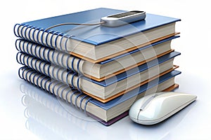Stack of Ring Binding Books with Mouse for E-Learning Concept