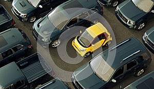 A conceptual image of a small eco friendly city cars contrasting with big oil consuming vehicles