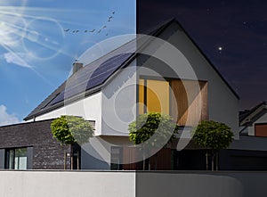 Conceptual image - solar energy. Modern white house with solar panels photo