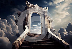 Conceptual image of stairway leading to heaven with cloudy sky, Generative AI illustration