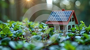 Conceptual image sustainable home, solar panels on roof, lush greenery, eco-friendly living and renewable energy integration