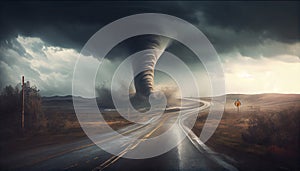 Conceptual image of tornado approaching the road. Generative AI