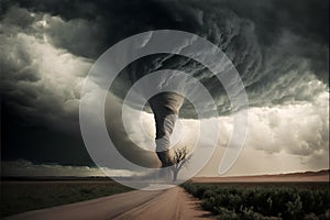 Conceptual image of tornado in the middle of a country road