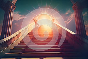 Conceptual image of two people walking up the stairs to heaven.generative ai