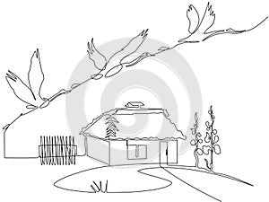 Conceptual image Ukrainian country house and cranes flying away. Continuous one line art technique