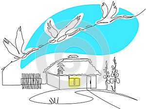 Conceptual image Ukrainian country house and cranes flying away. Continuous one line art technique