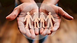 Conceptual image of unity and support with paper cut-out figures. Hands holding a chain of paper people symbolizing