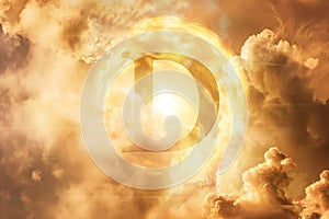 Conceptual image of Vitamin D symbol shining amidst clouds