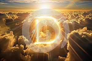 Conceptual image of Vitamin D symbol shining amidst clouds.